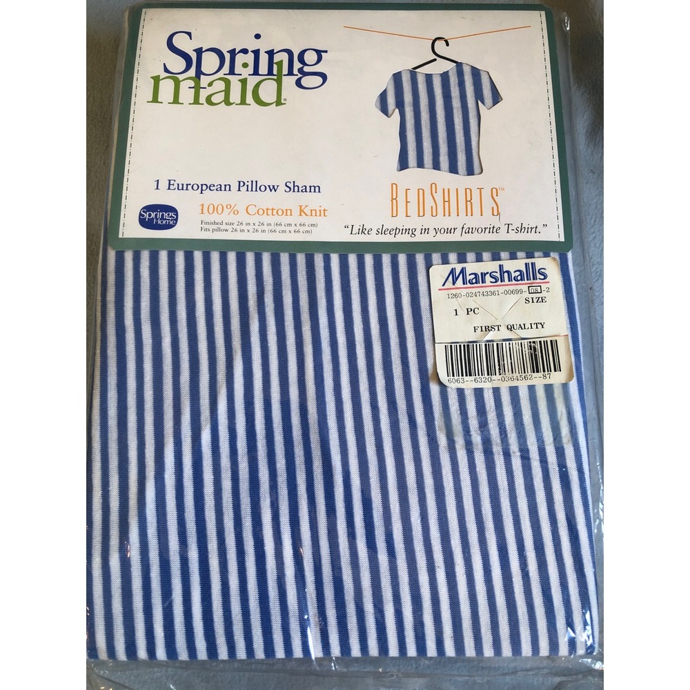 Vtg Springmaid Bedshirts Cotton European Pillow Sham square Blue White Stripe
